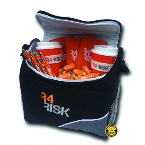 Orange colour cooler bag and products.